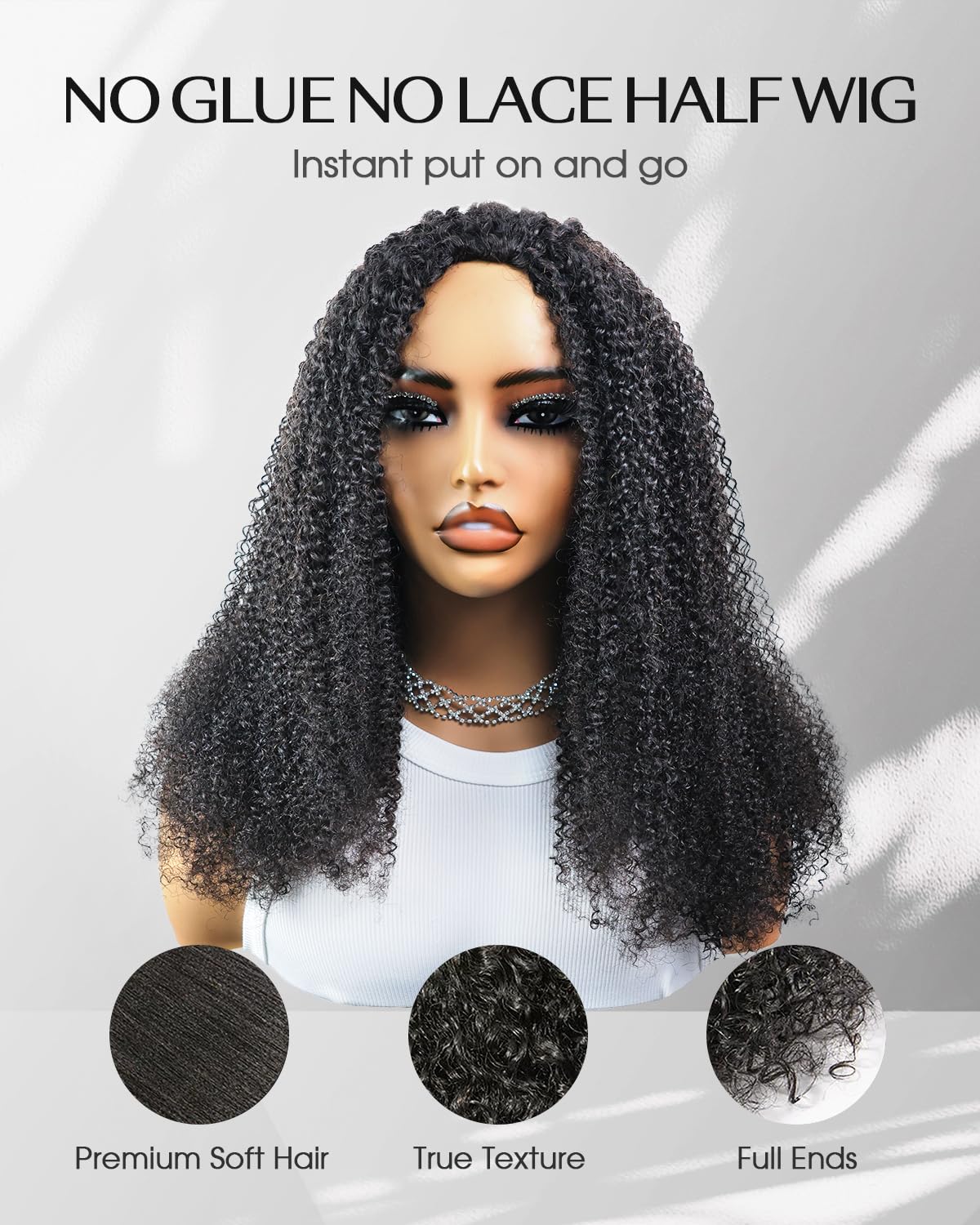 Kinky Curly Half Wig - 200% Density Human Hair | Glueless 3-in-1 Flip Over Headband Wig for Women - 16 Inch
