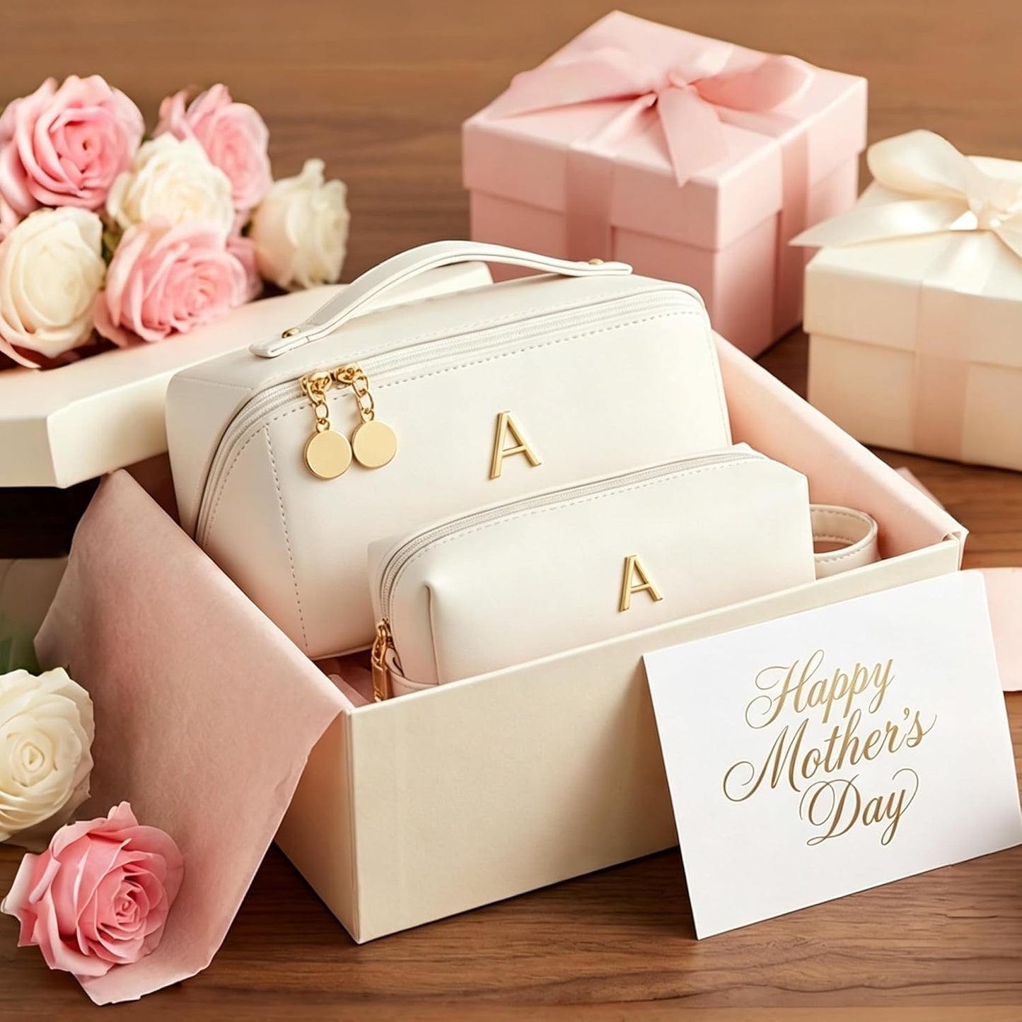 Personalized Initial Makeup Bag - Stylish PU Leather Travel Toiletry Bag | Multi-Pocket Design in Beige