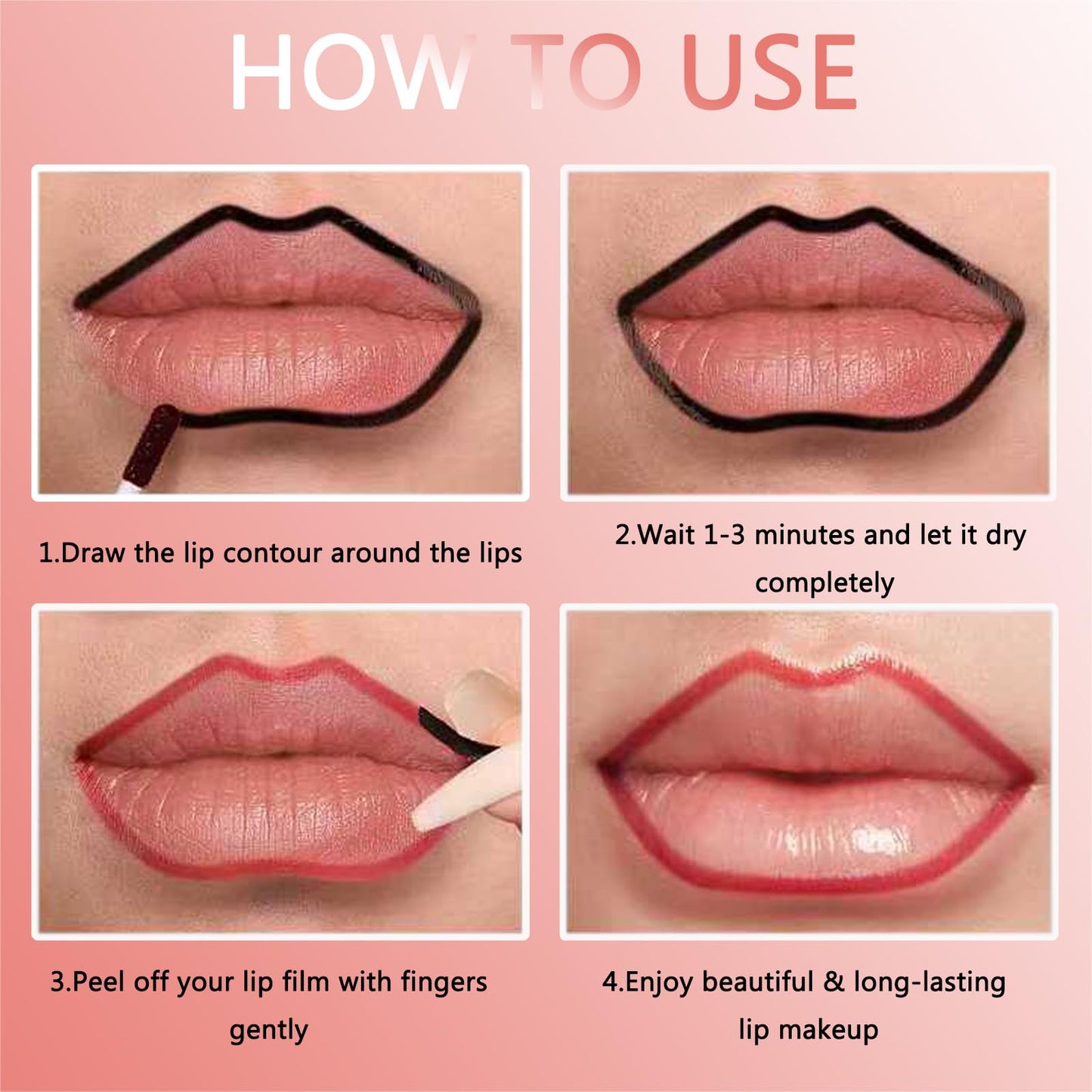 Suaxova 4PCS Peel Off Lip Liner Stain with Tweezer, Long Lasting Waterproof Lip Tint Stains Makeup Set with Matte Finish for Women