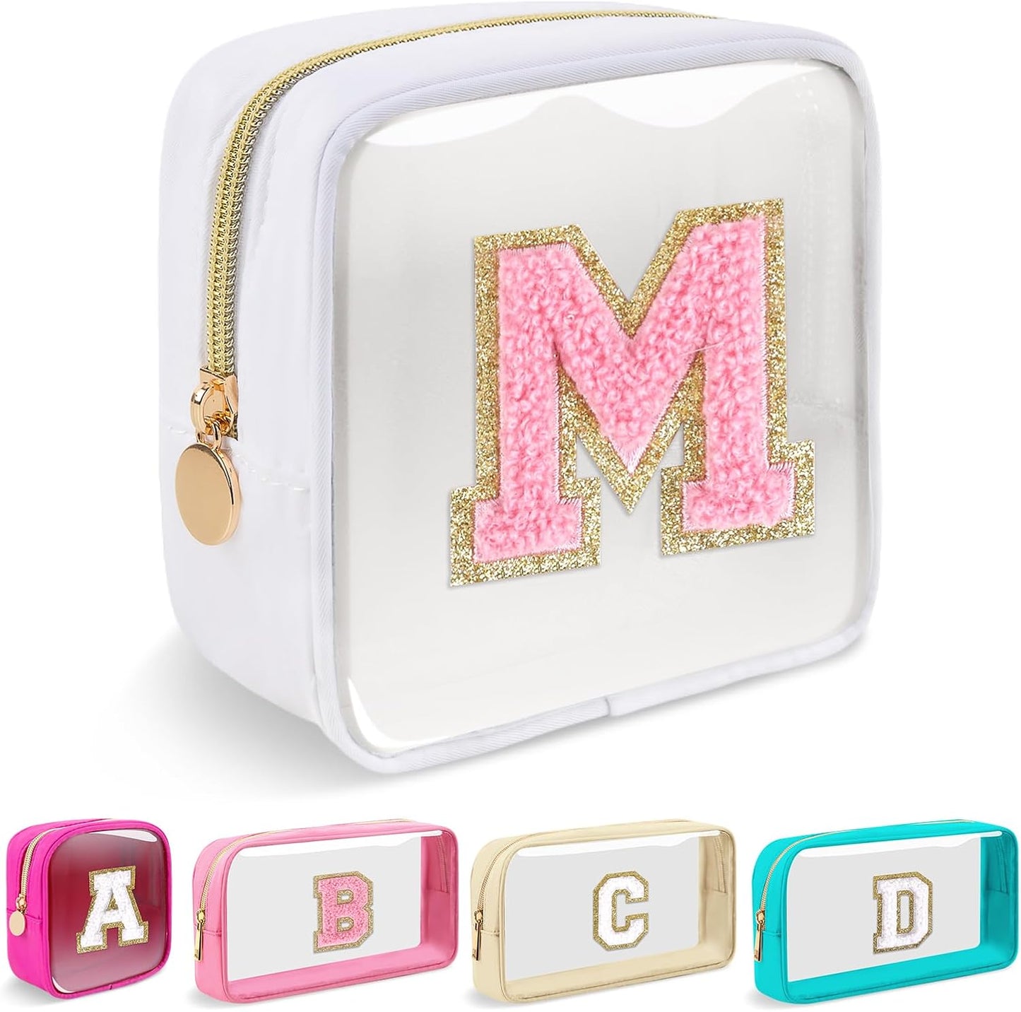 Personalized Initial Makeup Bag - Waterproof Nylon Cosmetic Pouch | A-Z Chenille Letter Patch, White-Pink G