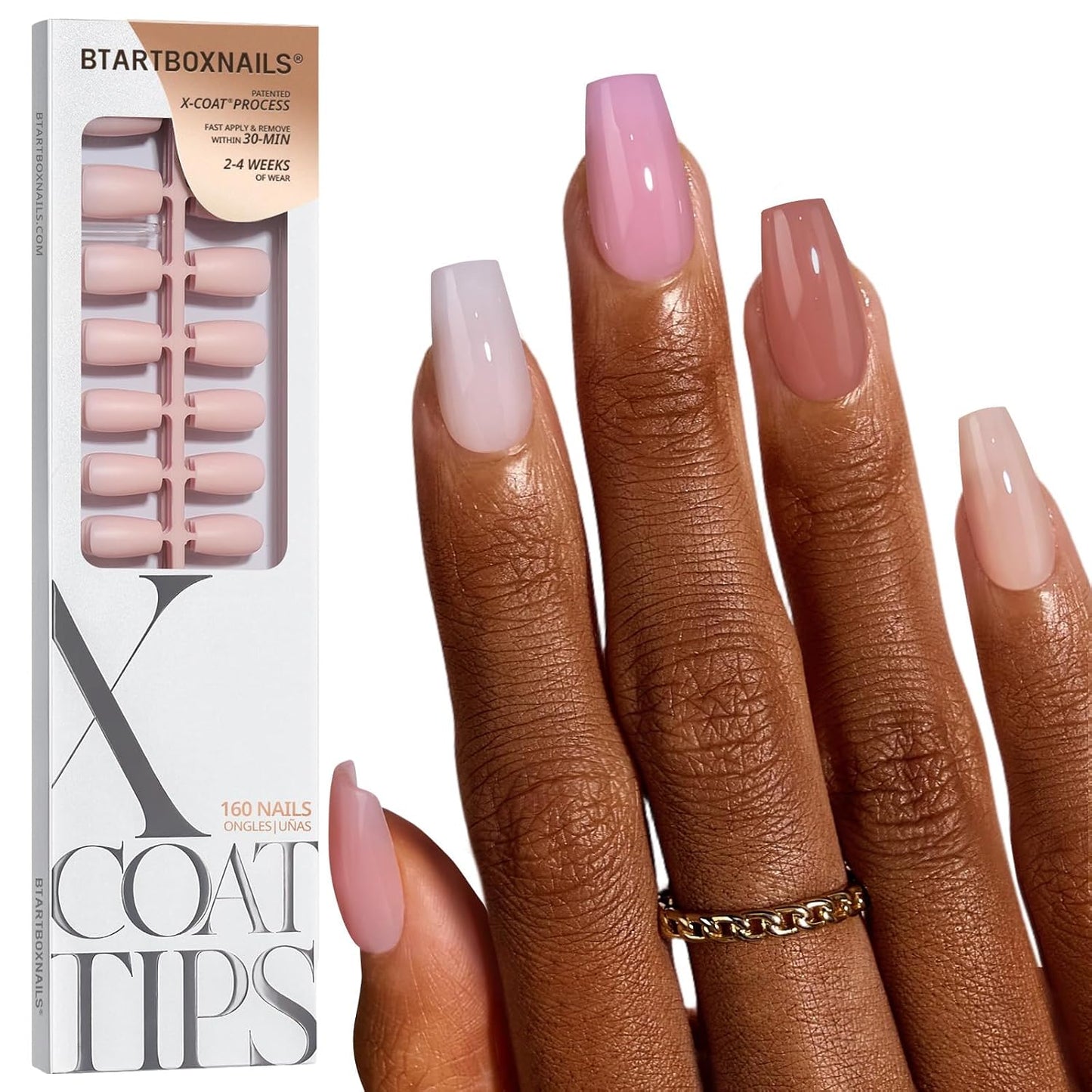 BTArtbox Press-On Nails - 5 Shades of Nude Long Stiletto | 16 Sizes for Easy Application & 4-Week Wear