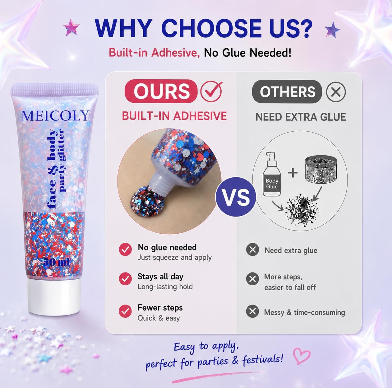 Red White and Blue Hair Glitter - Self-Adhesive Waterproof Face Glitter for 4th of July | Firework Ribbon Sequins