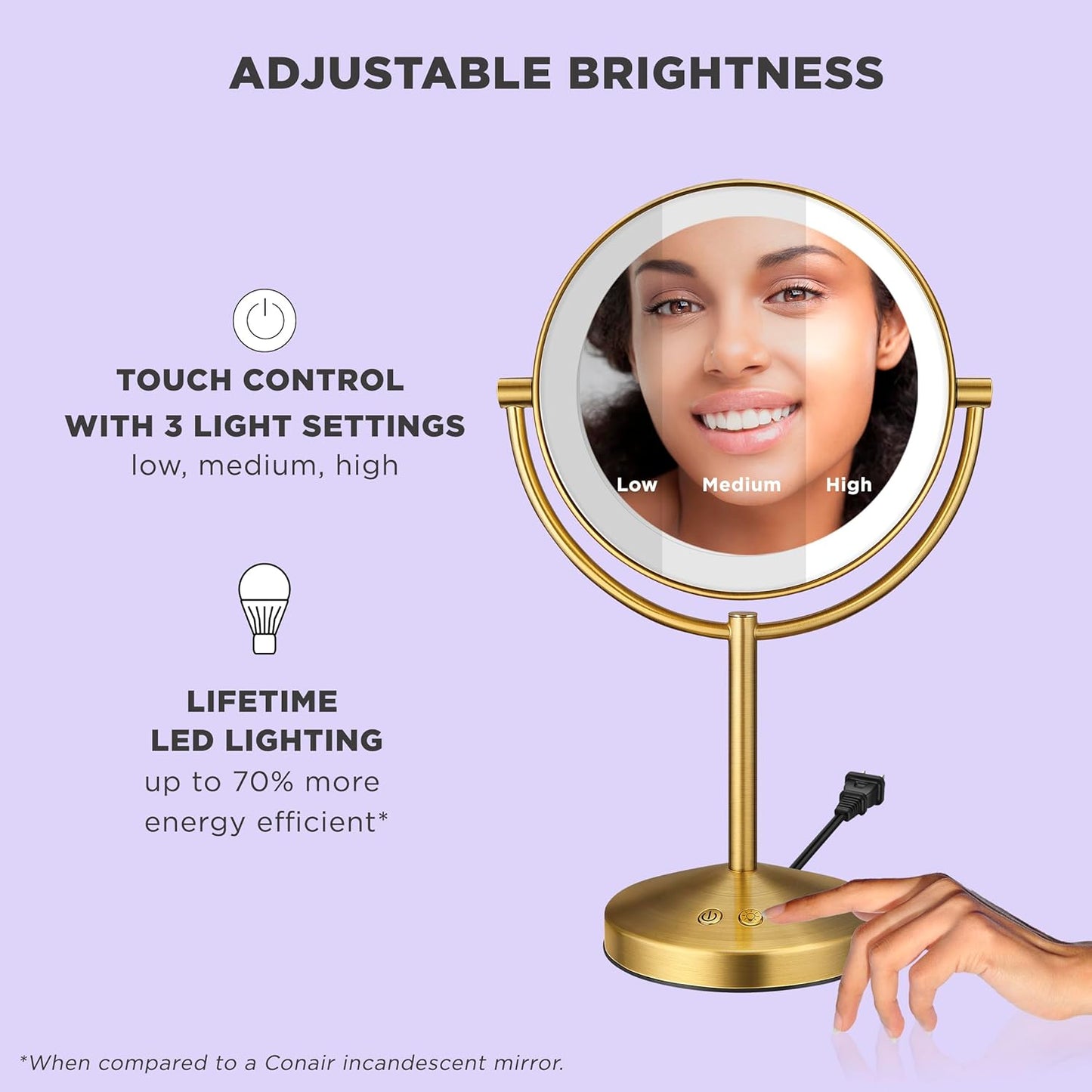 Conair Lighted Makeup Mirror - Double-Sided LED Vanity Mirror with 1X/10X Magnification & 3 Light Settings | Brushed Brass Finish