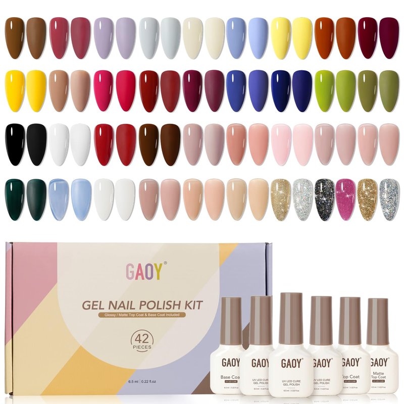 42 Pcs Gel Nail Polish Kit - Jelly Nude & Glitter Navy Blue UV Gel Set | Glossy & Matte Top Coat for Salon & DIY Manicure