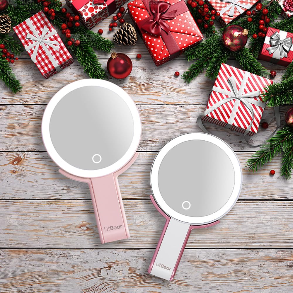 Travel Makeup Mirror with Lights - Rechargeable Double-Sided 10X/1X Magnifying | Portable Dimmable Touch Screen (Pink)