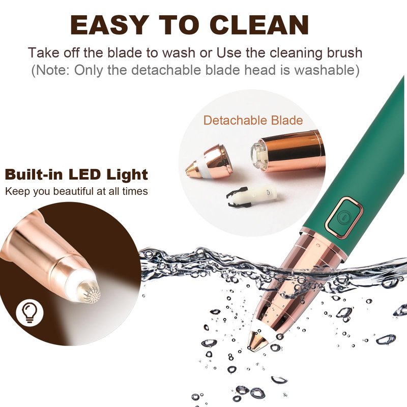 Eyebrow Trimmer for Women - Electric Eye Brow Razor with LED Light Painless & Easy Clean for Eyebrows Face Nose Ear Hair Chin Lips Peach Fuzz Bikini Lines & Other Detailing - Battery Operated (Green)