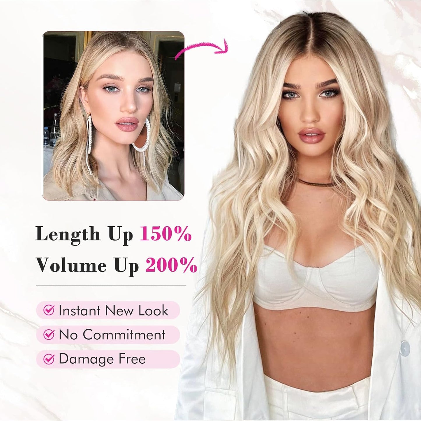 Clip-In Hair Extensions - 24" Thick Blonde Beach Waves | Soft Invisible Lace Weft for Women - Platinum