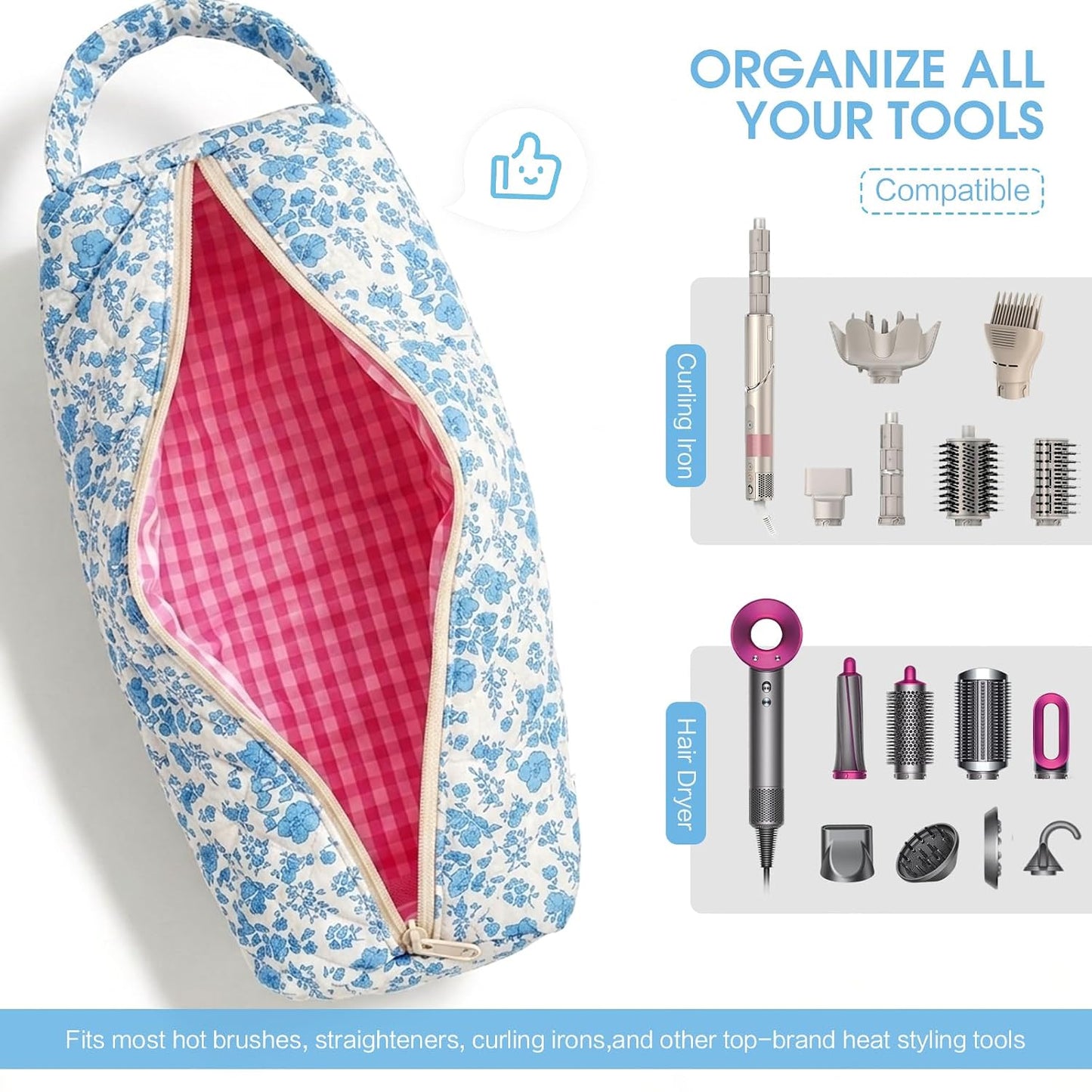 Hair Tools Travel Bag - Compact Case for Dyson Airwrap & Shark Flexstyle | 14" Portable Organizer in Blue Flower