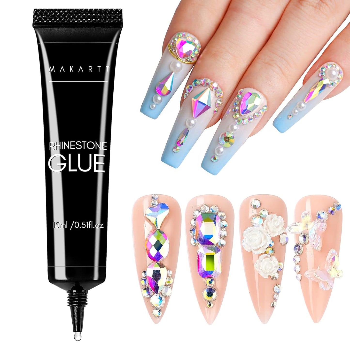 Nail Rhinestone Glue Gel - Super Strong Adhesive for Nail Art | 15ml Clear Gel with Brush Pen
