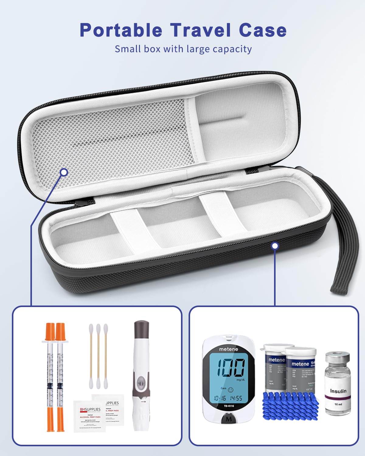 Krypthos Diabetes Supply Case, Hard Travel Carrying Case for Blood Glucose Meter, Insulin Pen, Syringe, Lancets, Lancing Device & More, Portable Storage Organizer Bag for Diabetic Test Kit