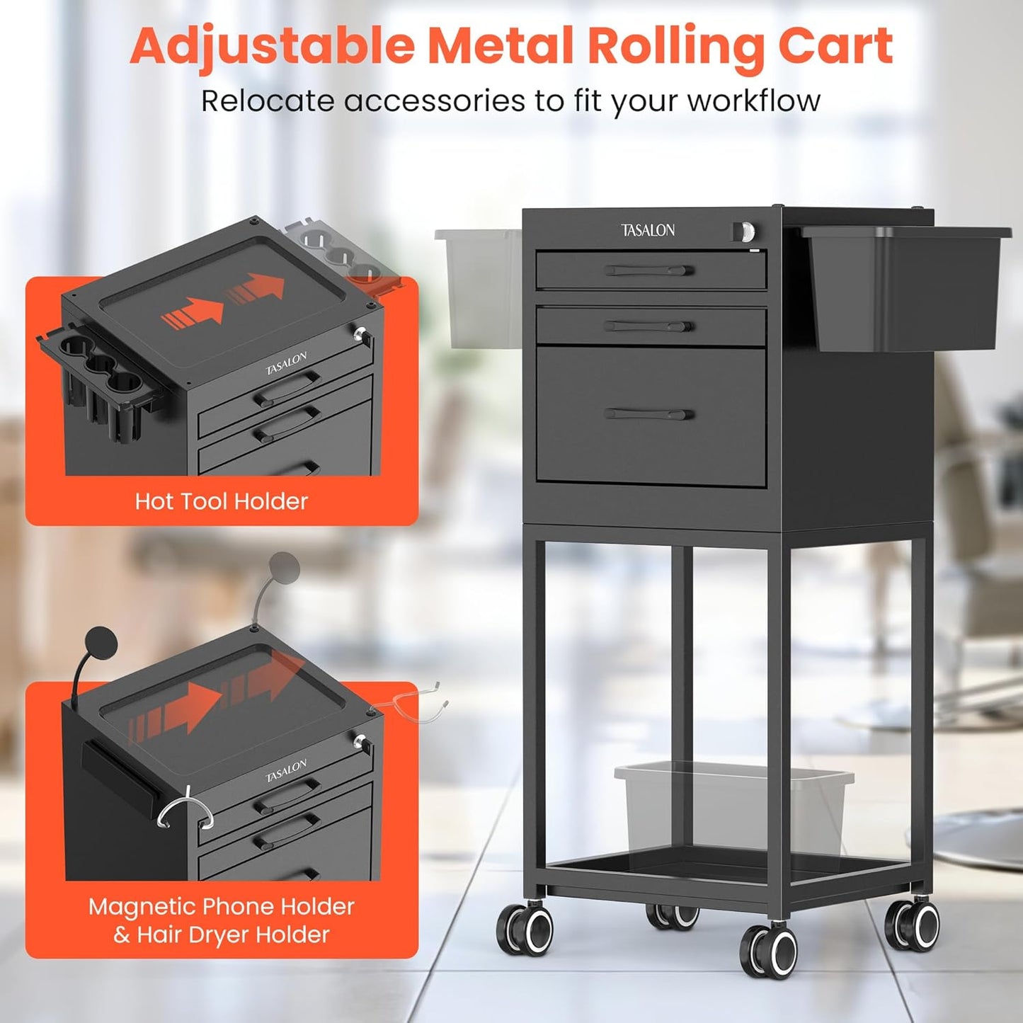 TASALON Salon Trolley Cart - Lockable Metal Rolling Organizer with Drawers & Phone Holder | Black