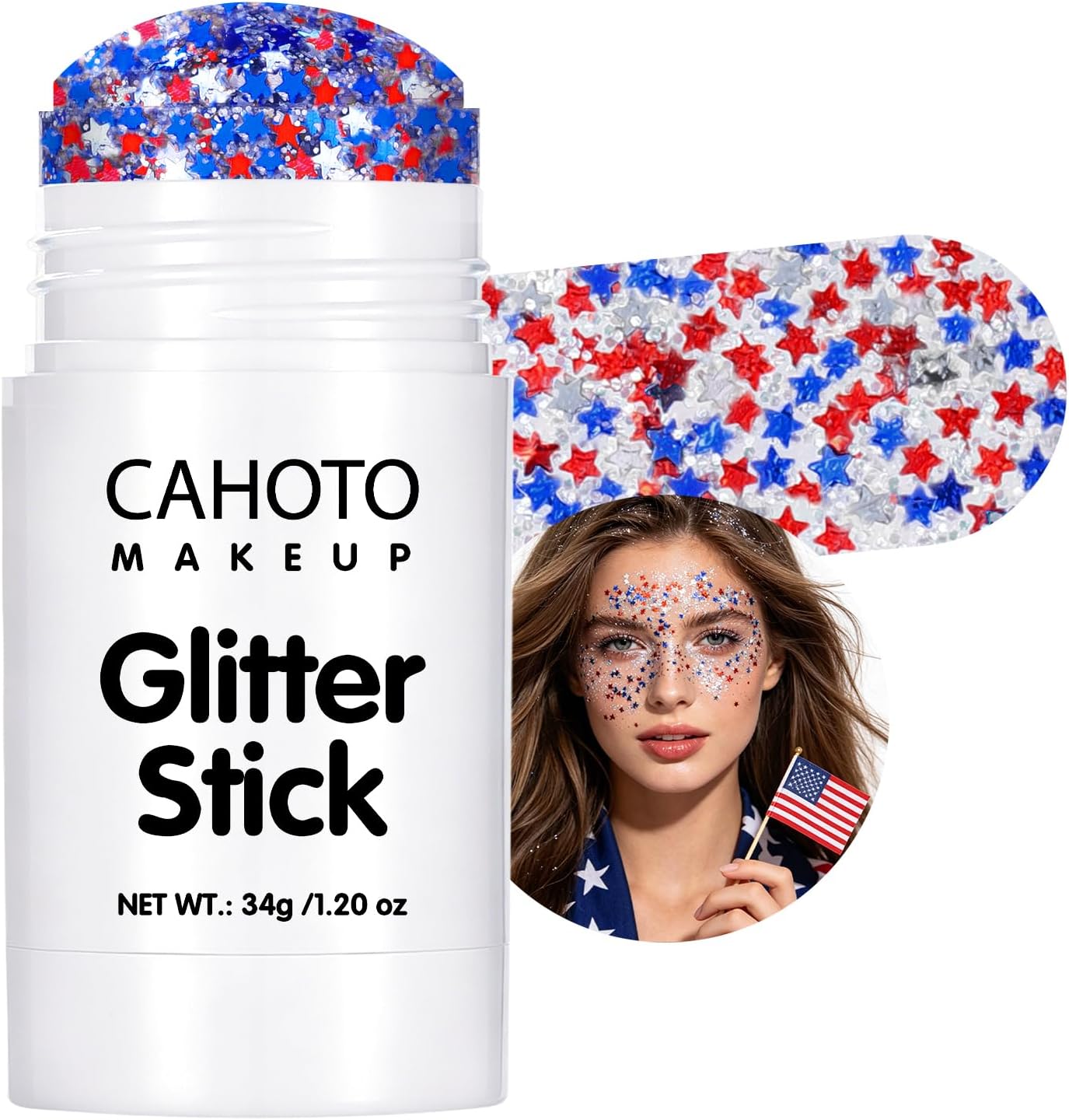 Glitter Stick - Red White Blue Star for Face, Body & Hair | Patriotic Sparkling Sequins for 4th of July & Memorial Day, 1.2oz