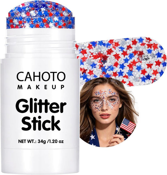 Glitter Stick - Red White Blue Star for Face, Body & Hair | Patriotic Sparkling Sequins for 4th of July & Memorial Day, 1.2oz