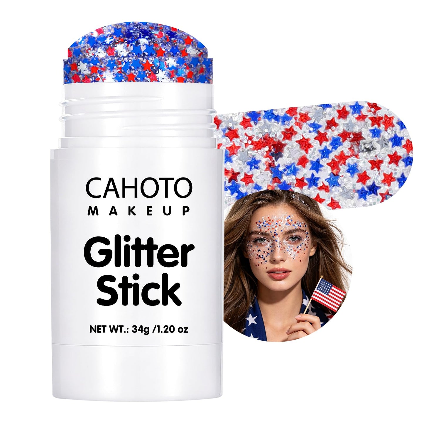 CAHOTO Starlet Glitter Stick, Red White Blue Star for Face Body Hair
