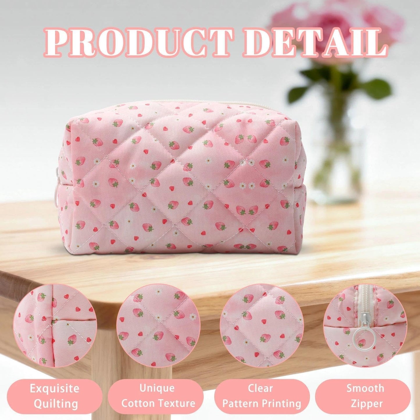 BACDOILQ Pink Quilted Makeup Bag, Strawberry Cotton Cosmetic Bag, Cute Floral Makeup Pouch for Women Girls, Coquette Aesthetic Organizer Bags Travel Toiletry Bags