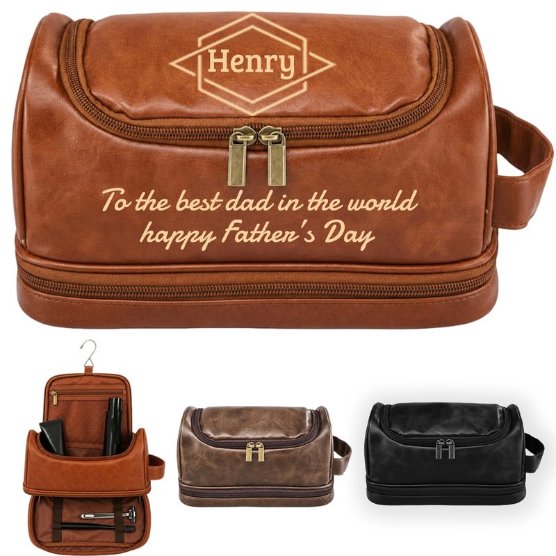 Personalized Toiletry Bag for Men, Custom Toiletry Bag Engraved with Name Text, Mens Leather Travel Shaving Dopp Kit, Personalized Fathers Day Birthday Gifts for Men Dad Husband Grandpa (Style 2)