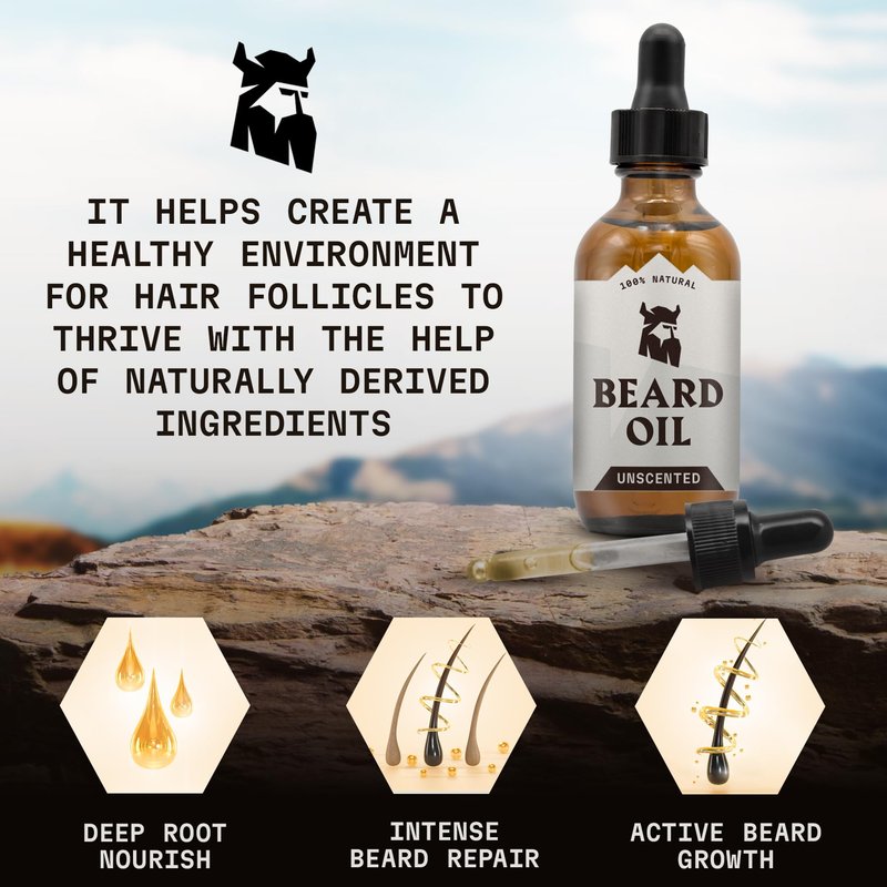 Striking Viking Unscented Beard Oil for Men - 2 Fl Oz, Fragrance-Free - Clear Beard & Mustache Conditioner with Jojoba & Argan Blend, Almond & Tea Tree Oils for Growth & Sensitive Skin