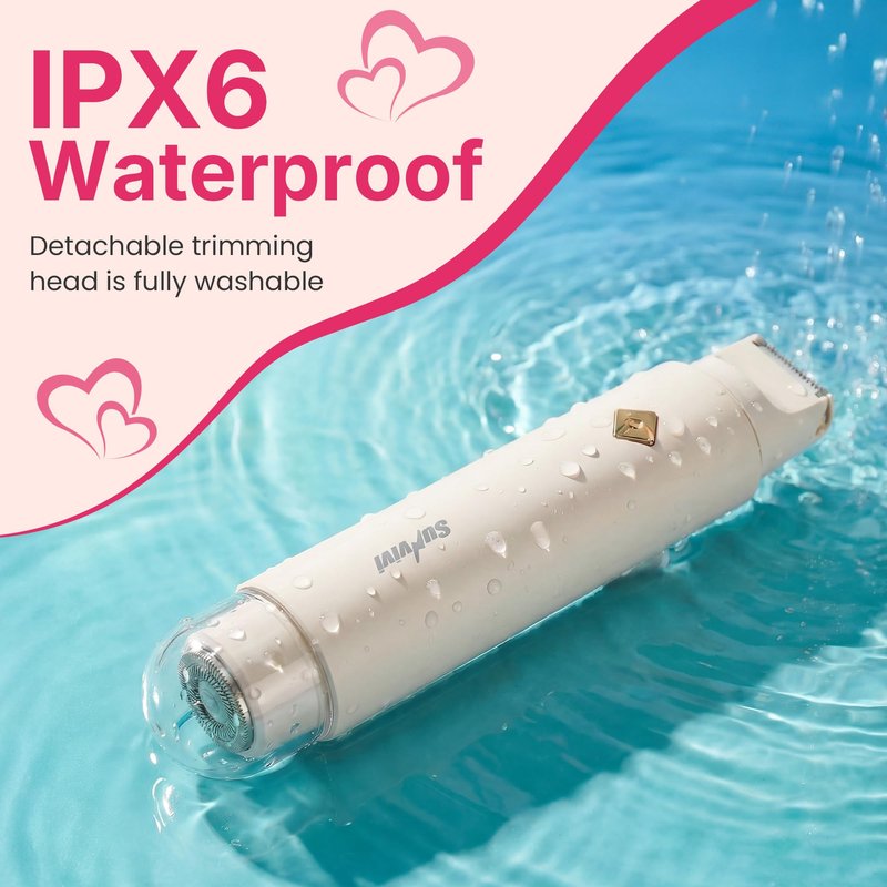 SUNVIVIPRO 2-in-1 Bikini Hair Trimmer, IPX6 Waterproof Electric Razor for Women, Painless Body Shaver Pubic Trimmer, Hair Removal Kit for Bikini Underarm Leg Arm Body Face, White