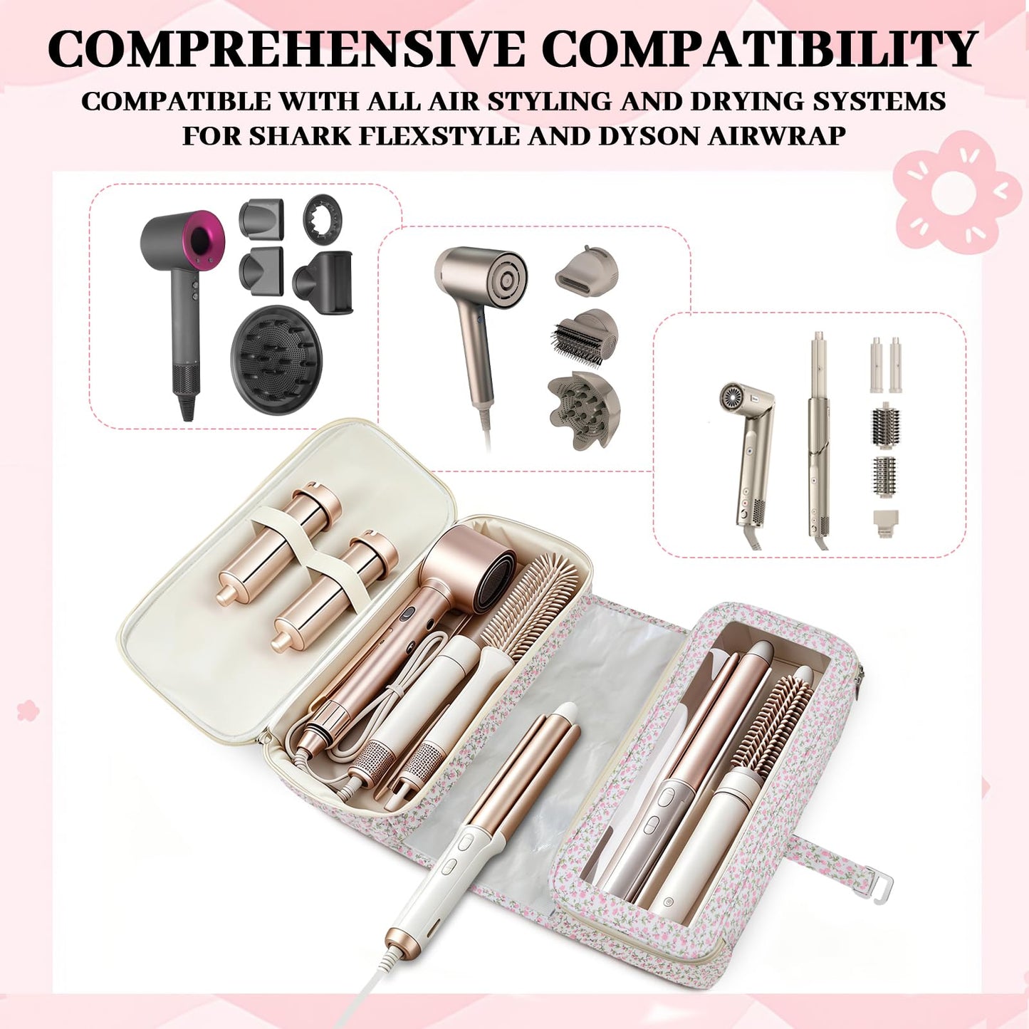 Hair Tools Travel Bag with Heat Resistant Mat Compatible with Shark Flexstyle, Cute Cotton Quilted Floral Hair Tools Travel Bag for Straightener, Curling Iron and Hair Dryer, Portable Organizer (Pink)