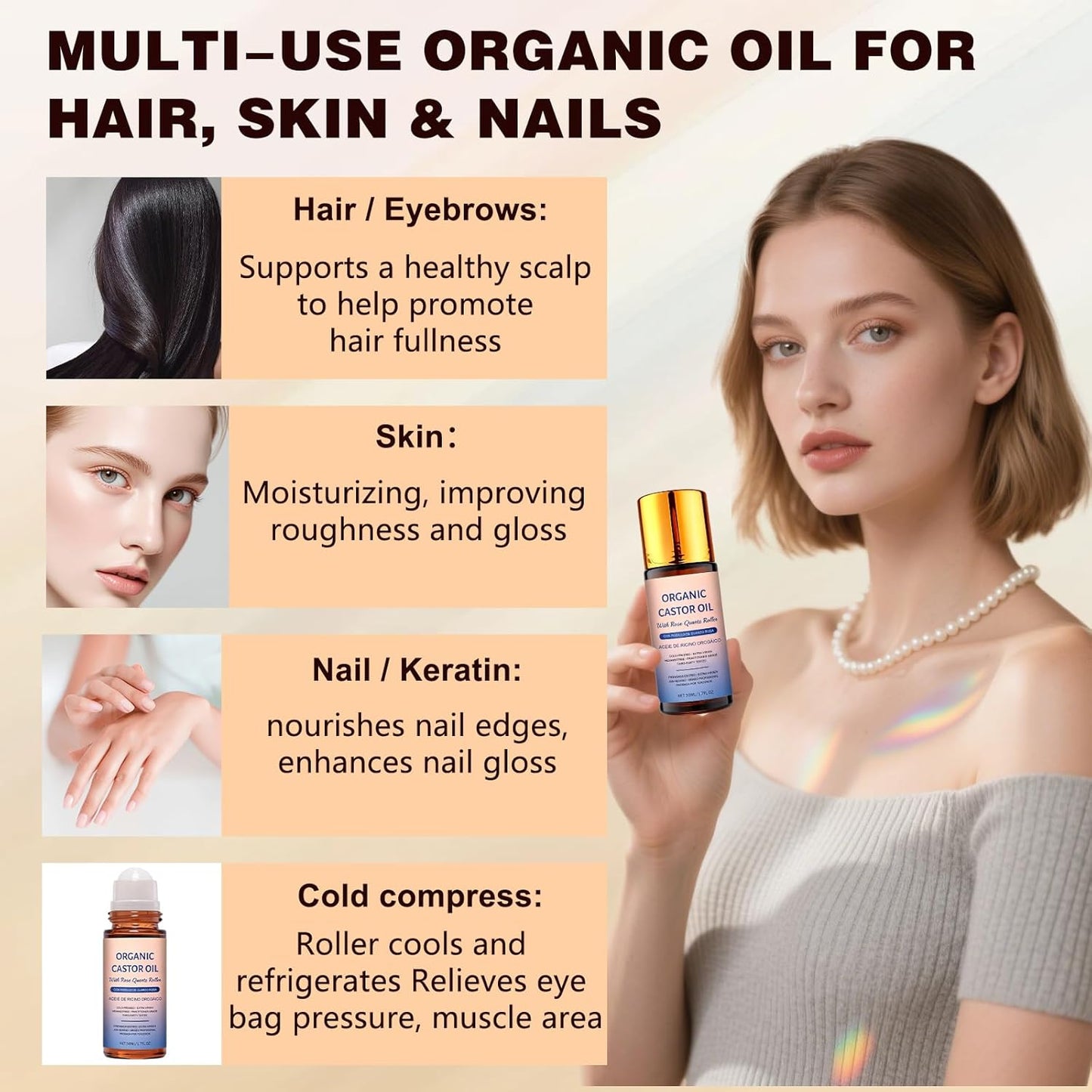 Organic Castor Oil Roll-On - 100% Cold Pressed Moisturizing Oil with Rose Quartz Roller | Travel-Friendly Skin & Hair Care (1pc)