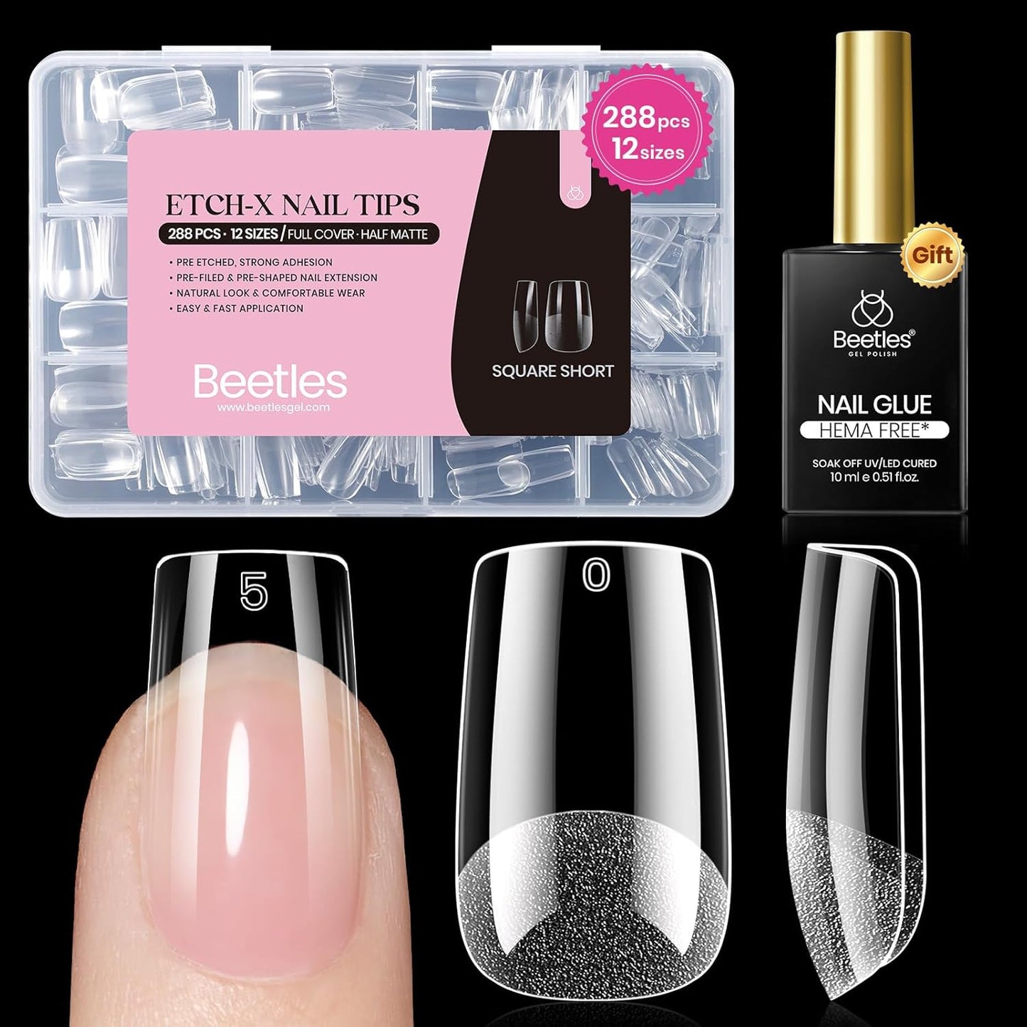 Beetles Gel Nail Kit - Almond Medium 288pcs Nail Tips with Hema-Free Glue Gel | Pre-Etched Half Matte Extension Set for DIY