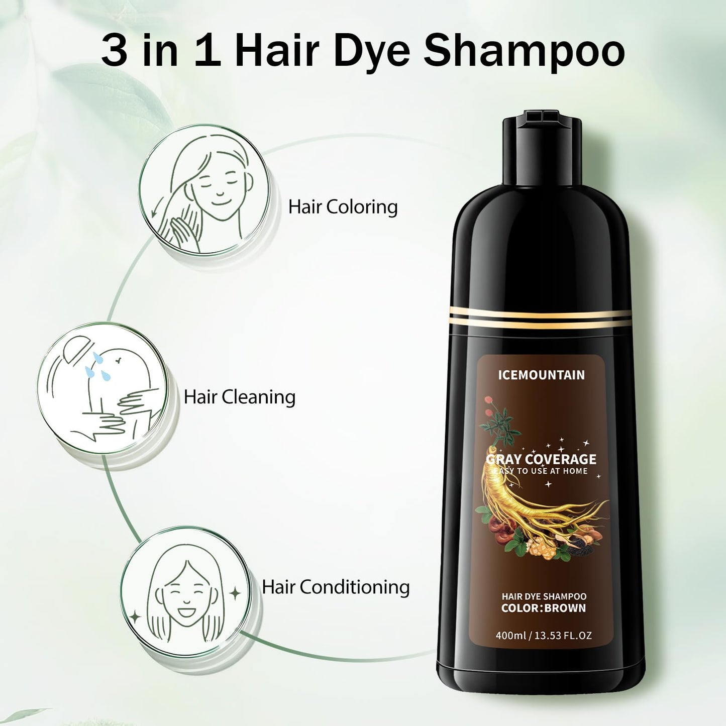 Brown Hair Dye Shampoo 3 in 1, 100% Instant Gray Hair Coverage Long-lasting Natural Herbal Ingredients Hair Color Shampoo for Women Men