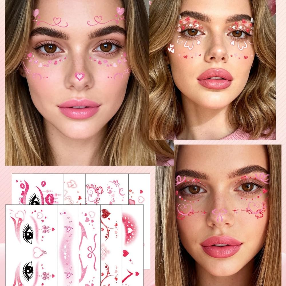 Mother's Day Temporary Tattoos Hearts Bow Blush Face Tattoos Mixed Styles Cartoon Pink Red Love Bowknot Eye Fake Tattoos Cute Stickers Waterproof Face Stickers for Body Art Makeup 10 Sheets