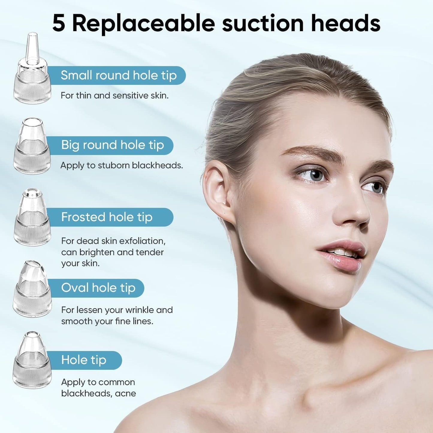 Blackhead Remover Pore Vacuum - Facial Pore Cleanser with 3 Suction Levels & 5 Tips | USB Rechargeable, White