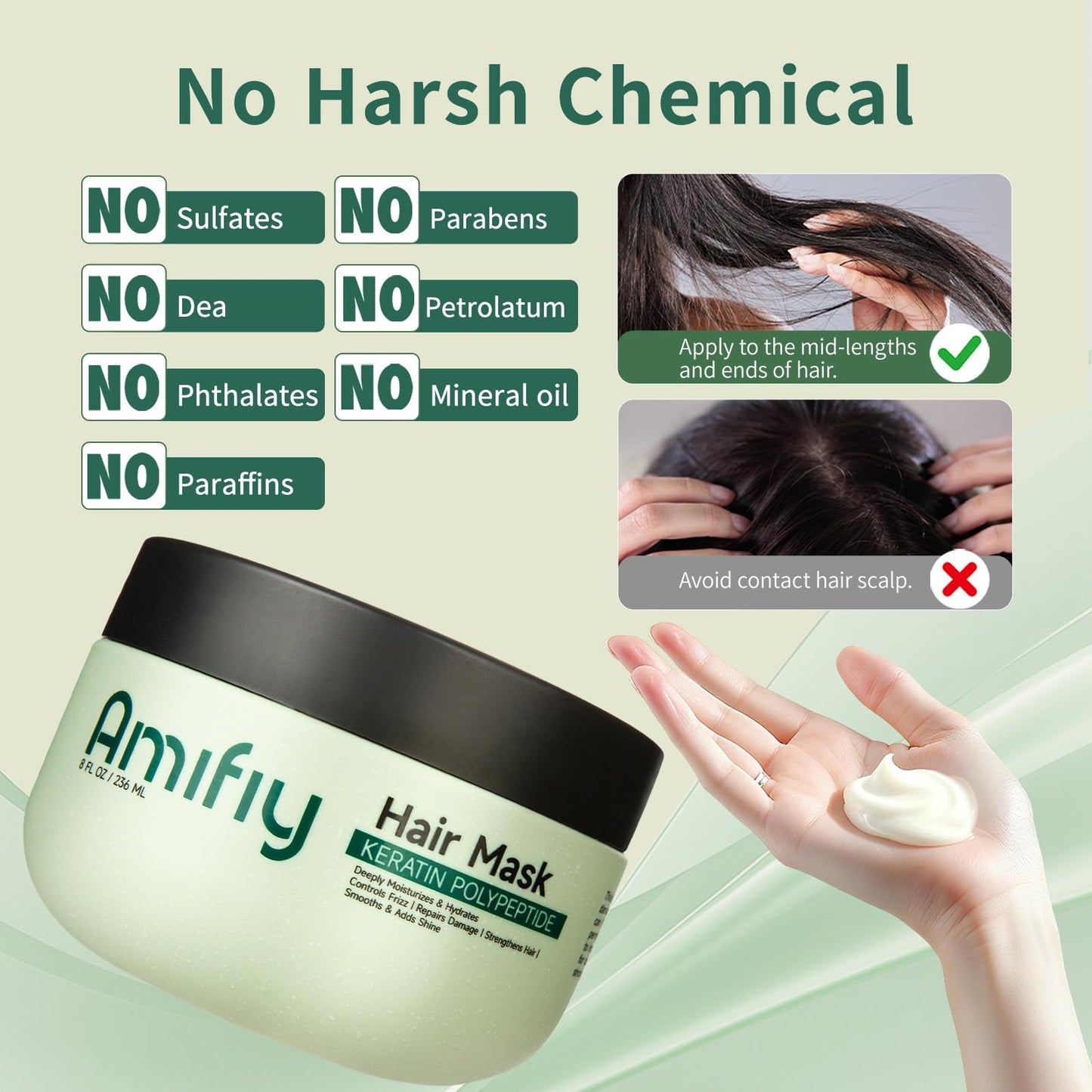 Amifiy Keratin Hair Mask, Multi-care Deep Conditioning Hair Mask for Dry Damaged Hair, Anti-Frizz, Intensive Hydrating & Repairing Deep Conditioner for Strong, Smooth and Silky Hair, 8 Fl Oz
