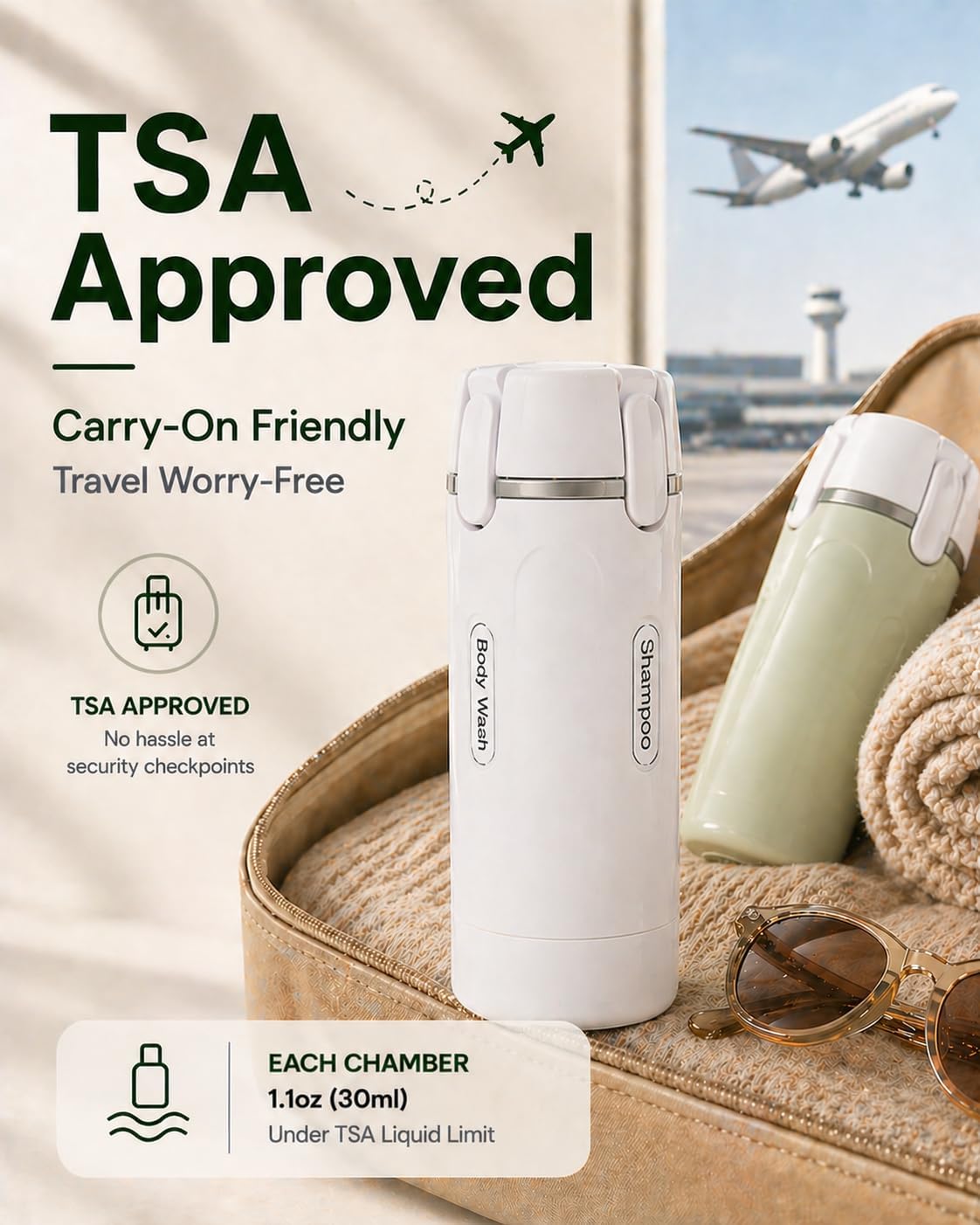 Travel Dispenser Bottle - 4 in 1 TSA Approved Leak Proof Toiletry Containers | Refillable for Shampoo, Conditioner, Lotion & Skincare