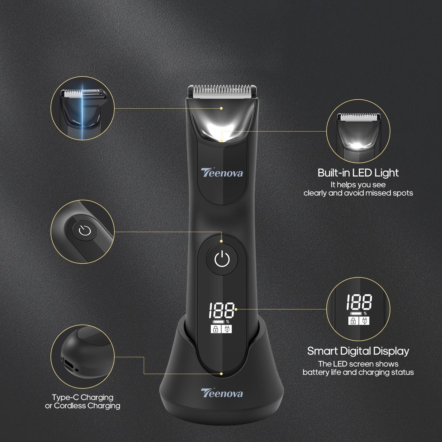 TEENOVA Electric Body Hair Trimmer Shaver, Pubic Trimmer for Men, Bikini Trimmer for Women (Black)