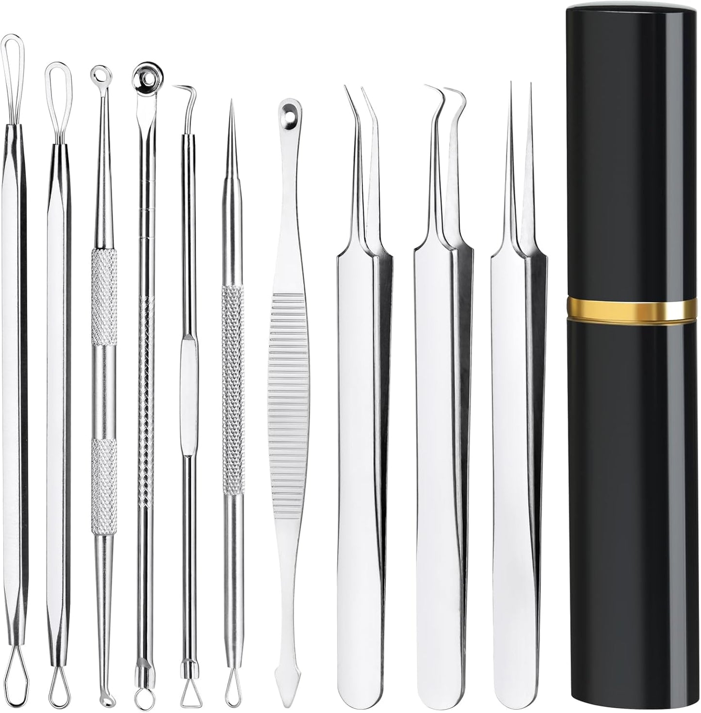 Pimple Popper Tool Kit - 10-Piece Blackhead Remover Set | Professional Comedone Extractors for Acne & Zit Removal, Metal Box Included (Silver)
