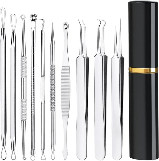Pimple Popper Tool Kit - 10-Piece Blackhead Remover Set | Professional Comedone Extractors for Acne & Zit Removal, Metal Box Included (Silver)