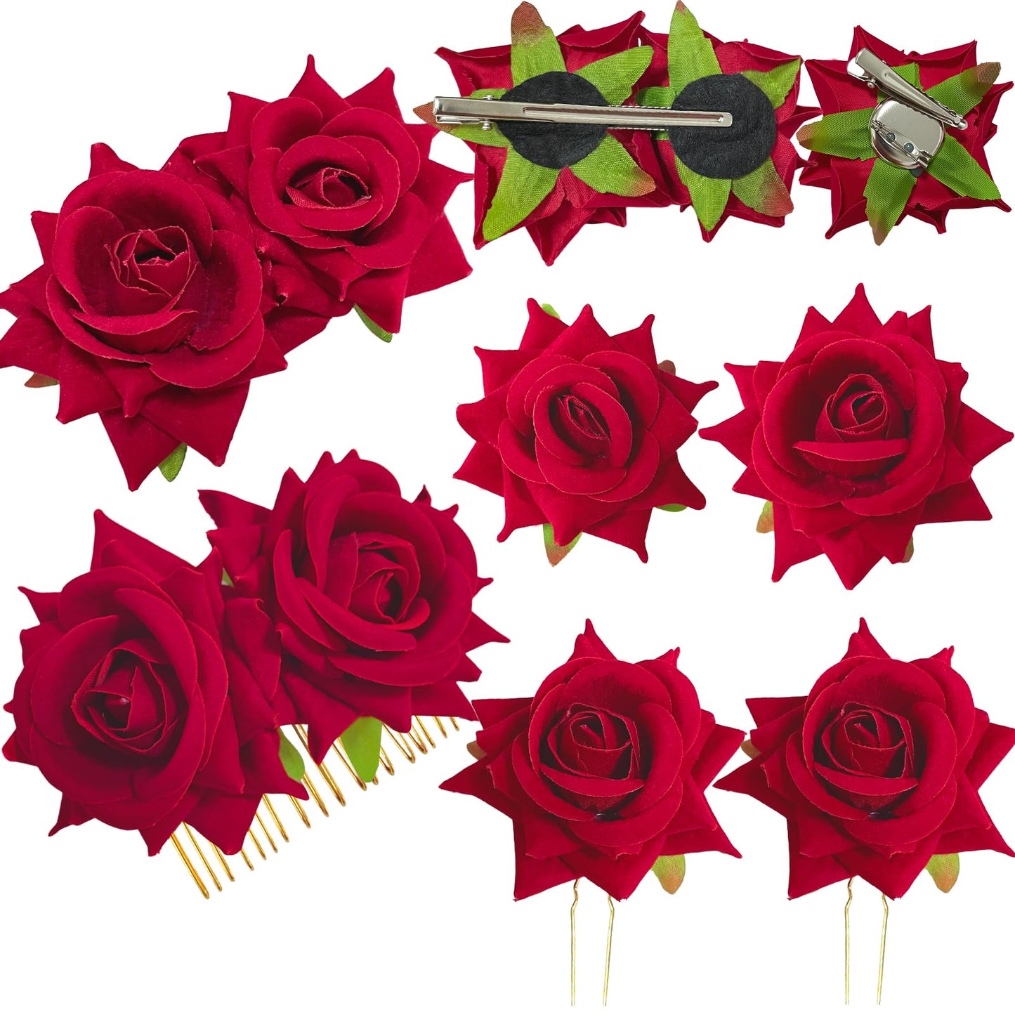 ELLOPH Red Rose Flower Hair Clips for Women - 6 Pcs Floral Hair Barrettes Pins Rose Hair Accessories for Bridal Wedding Halloween Costume, Havana Nights Flamenco Mexican Fiesta Dresses Party Prom