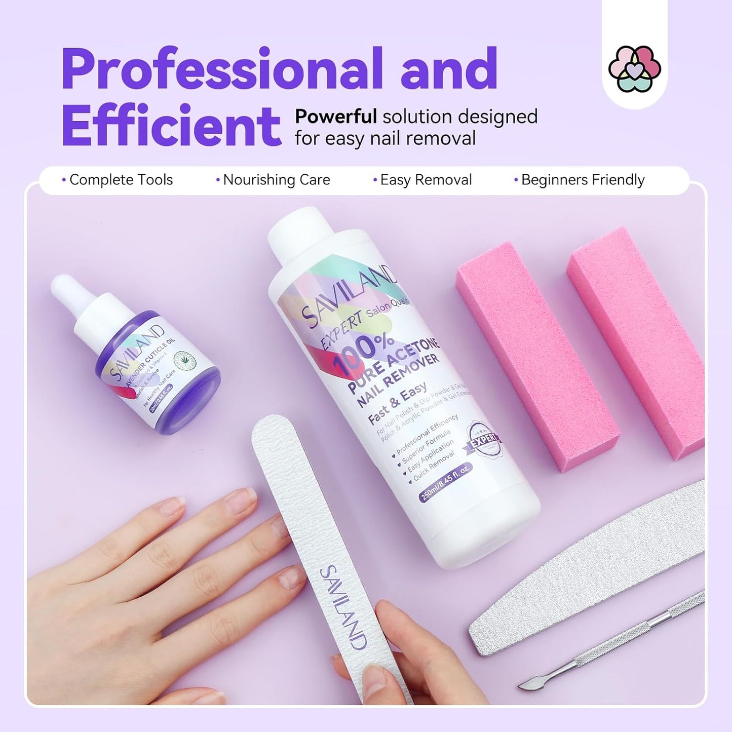 SAVILAND Pure Acetone Nail Polish Remover Kit - 8.45oz Gel & Acrylic Remover with Cuticle Oil, Files & Scraper for Easy Home Use
