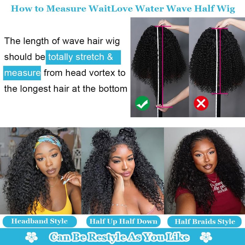 Curly Half Wig - 24 Inch Human Hair Water Wave | 200 Density, Seamless, Glueless Design for Easy Wear