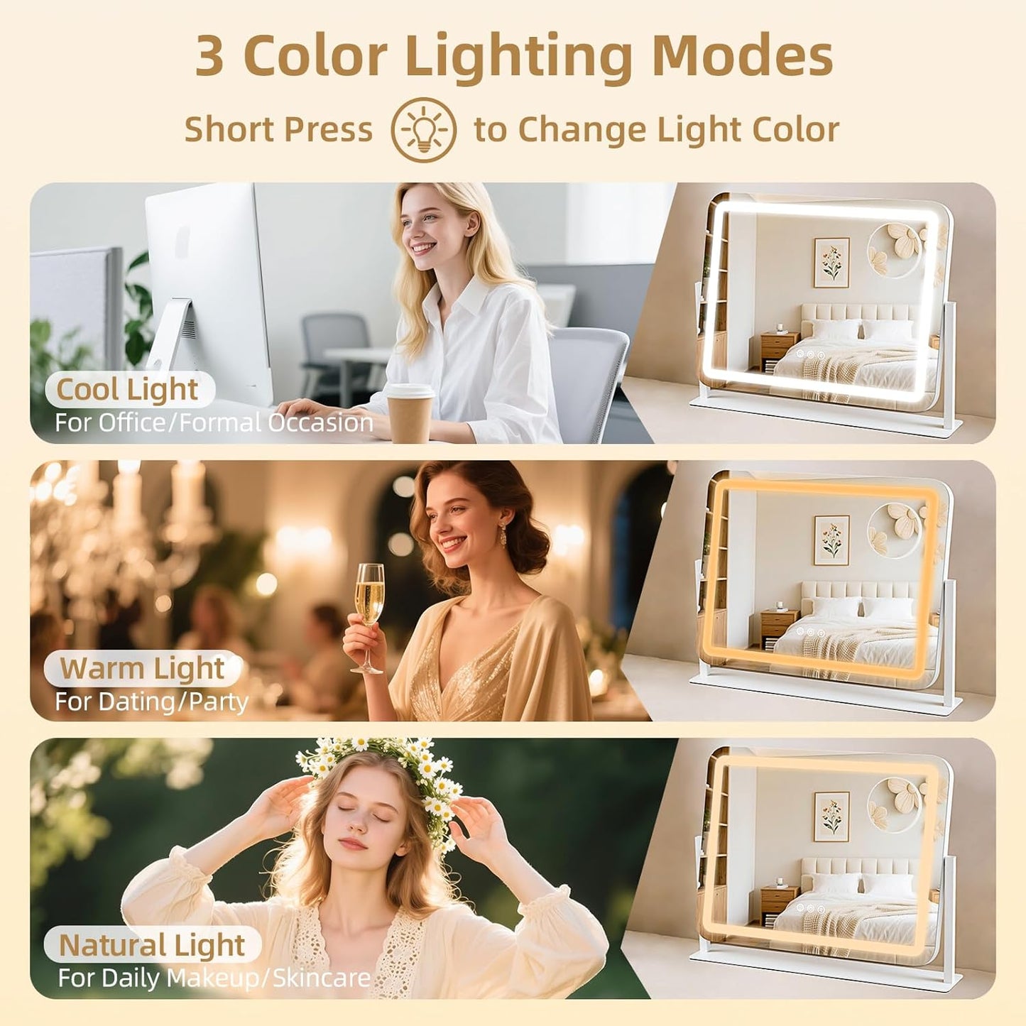 Lighted Makeup Mirror with 10X Magnification - 22"x17", Dimmable 3-Color Lights, Touch Control, 360° Rotation, Metal Frame, Perfect Women's Gift, White