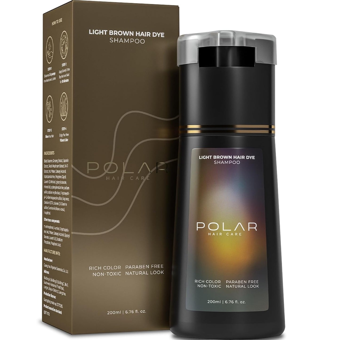 Polar Haircare Dye Shampoo for Gray Hair - Natural Semi-Permanent Light Brown Color | Vegan & Skin-Safe 6.76 Fl Oz