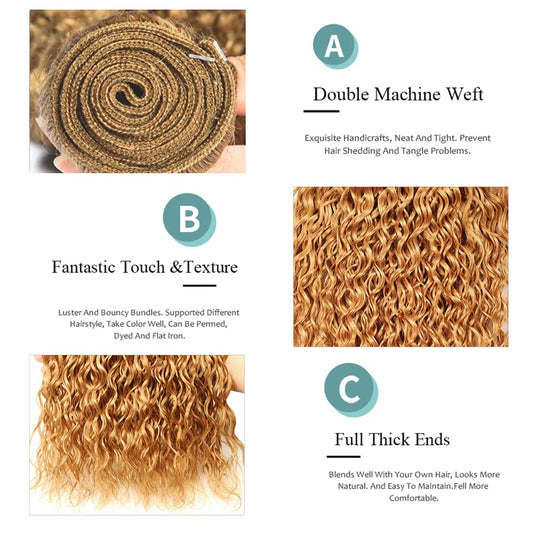 30 30 30 Inch Honey Blonde Curly Bundles Color 27 Bundle Human Hair 3 Bundles Peruvian Virgin Hair Double Weft Hair Weave For Women