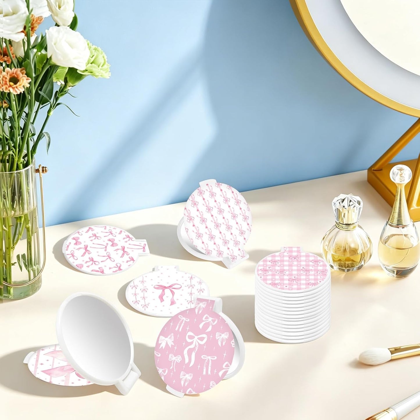 Compact Pink Bow Pocket Mirror - 50 Pcs Folding Makeup Mirrors for Women | Perfect Gifts for Coworkers & Teachers