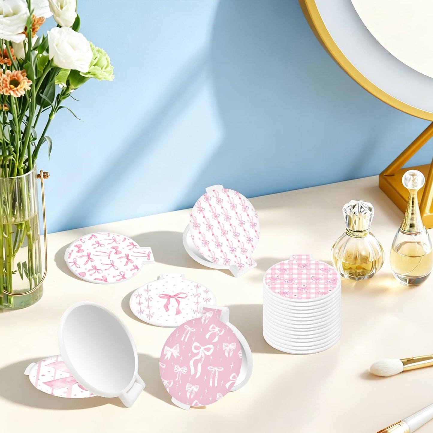 KOPOOEOE 50 Pcs Pink Bow Compact Mirror Bulk Small Pocket Purse Round Mirror Portable Folding Makeup Pink Bow Mirrors Gifts for Women Coworker Employee Teacher