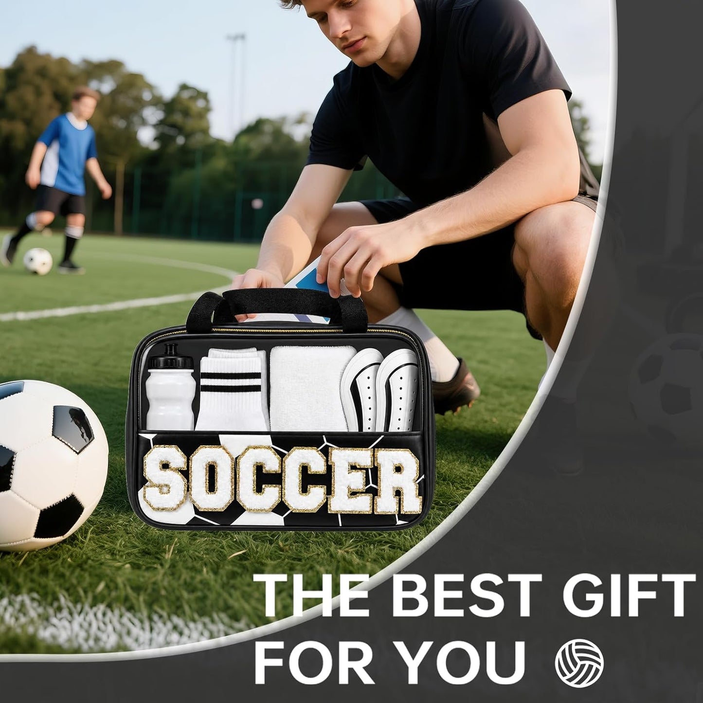 Clear Soccer Makeup Bag for Girls - Chenille Letter Design | Portable Travel Toiletry Pouch