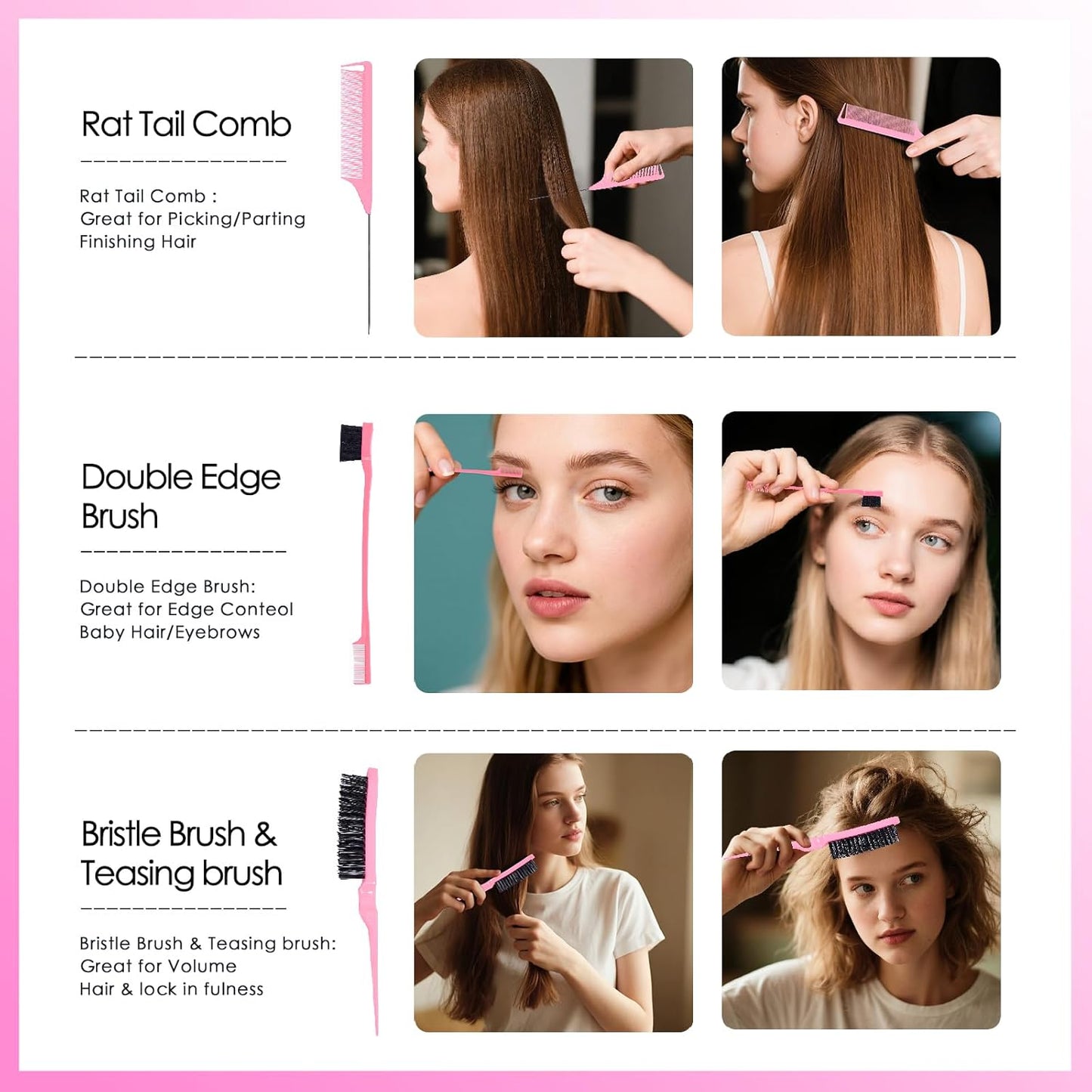Detangle Hair Brush Set - 11 Pcs with Spray Bottle | Smooth Brushes for Adults & Toddlers - Pink
