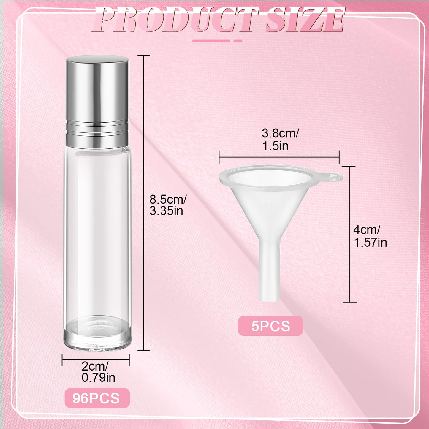 SEEWEY 96 Pcs Essential Oil Roller Bottles 10ml Empty Glass Roller Bottles with Stainless Steel Balls Protection Leakproof with 5 Funnel for Travel Perfume Lip Gloss (Clear, White Lid)