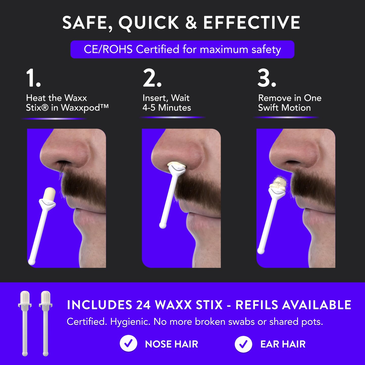 WaxxPod™ Nose Hair & Ear Hair Remover - USB Powered Waxing Kit with 24 STIX