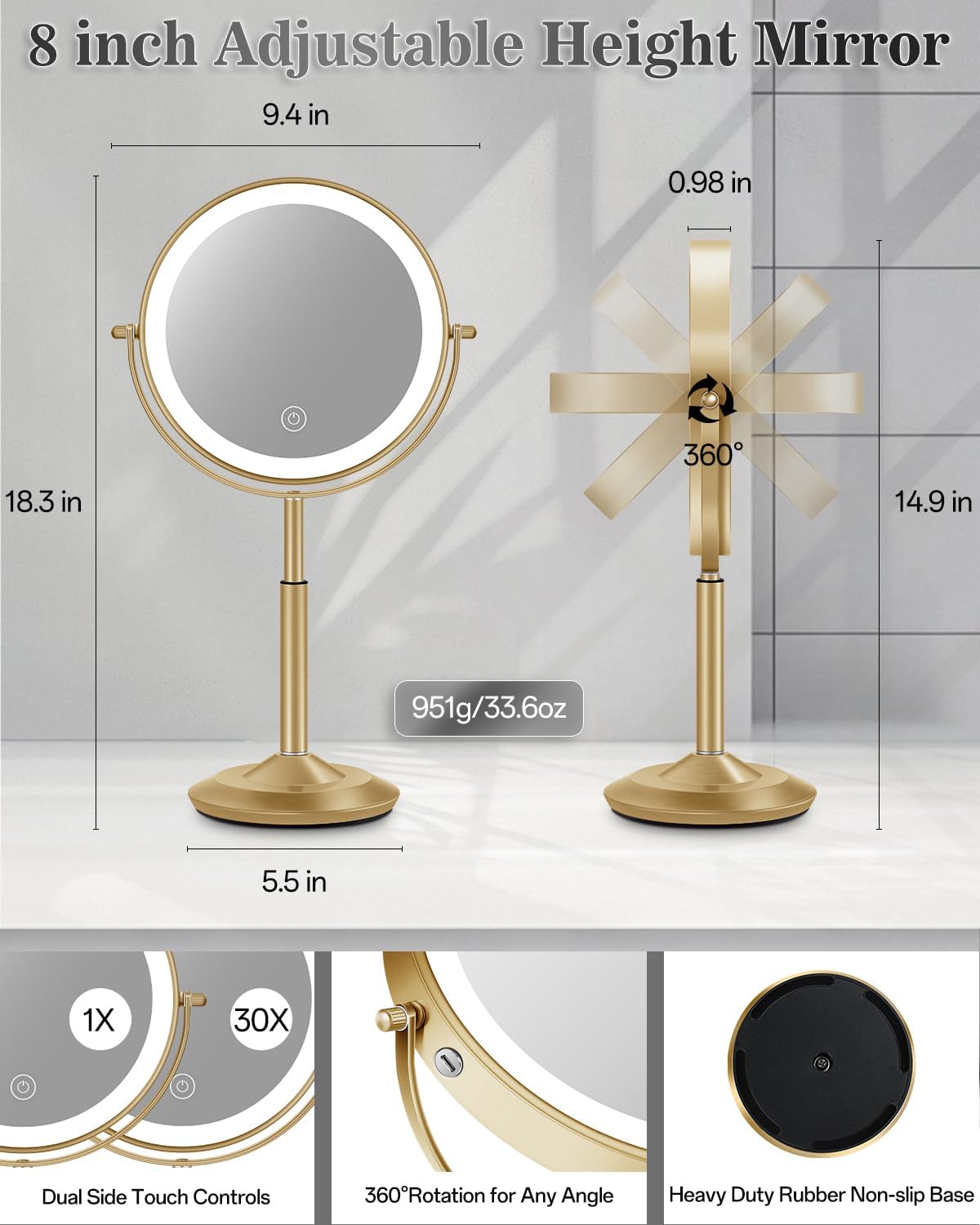 Lighted Makeup Mirror with Adjustable Height - 1X/30X Magnifying Double-Sided Vanity Mirror | 3000mAh Rechargeable, 3 LED Lighting Options for Women