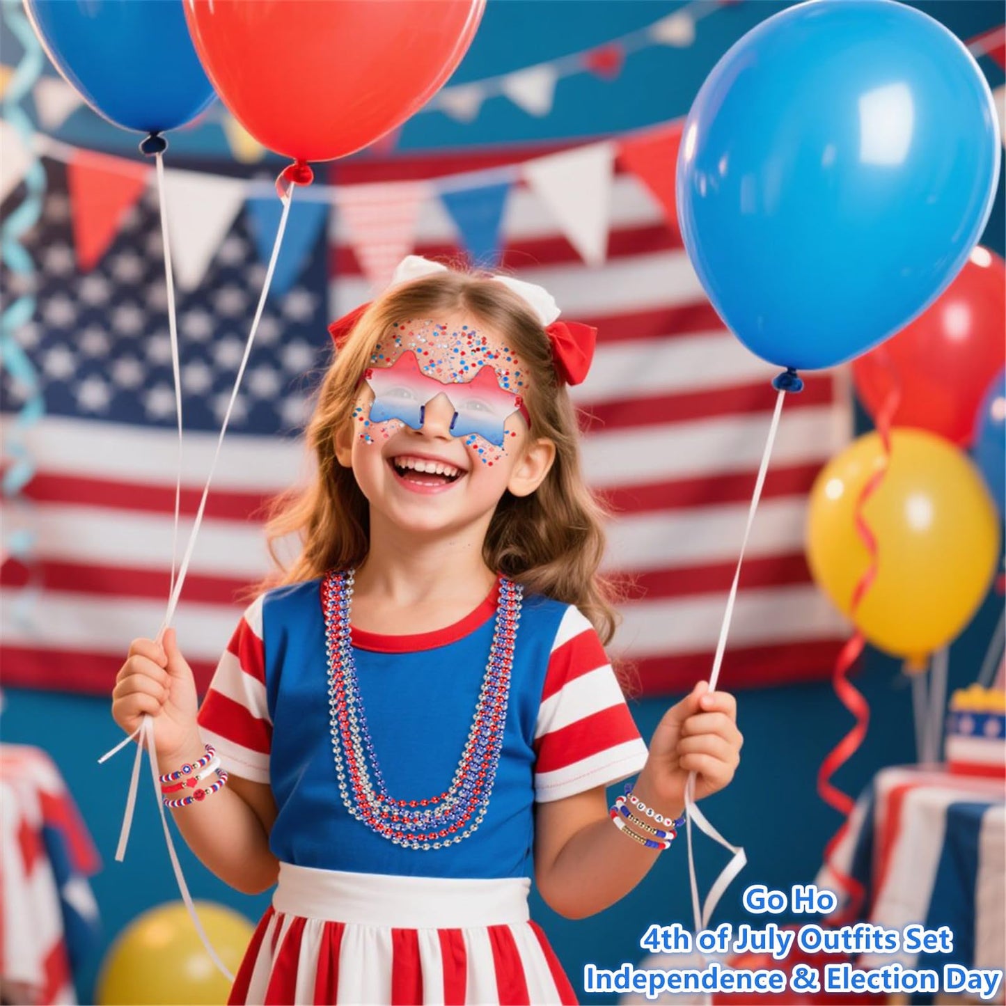 Go Ho 4th of July Outfits for Women,6PCS Beaded Stackable Stretch Bracelets,Red White and Blue Face Body Glitter,9PC Necklaces,3PC Star Glasses, Fourth of July Decorations Favors Accessories Set