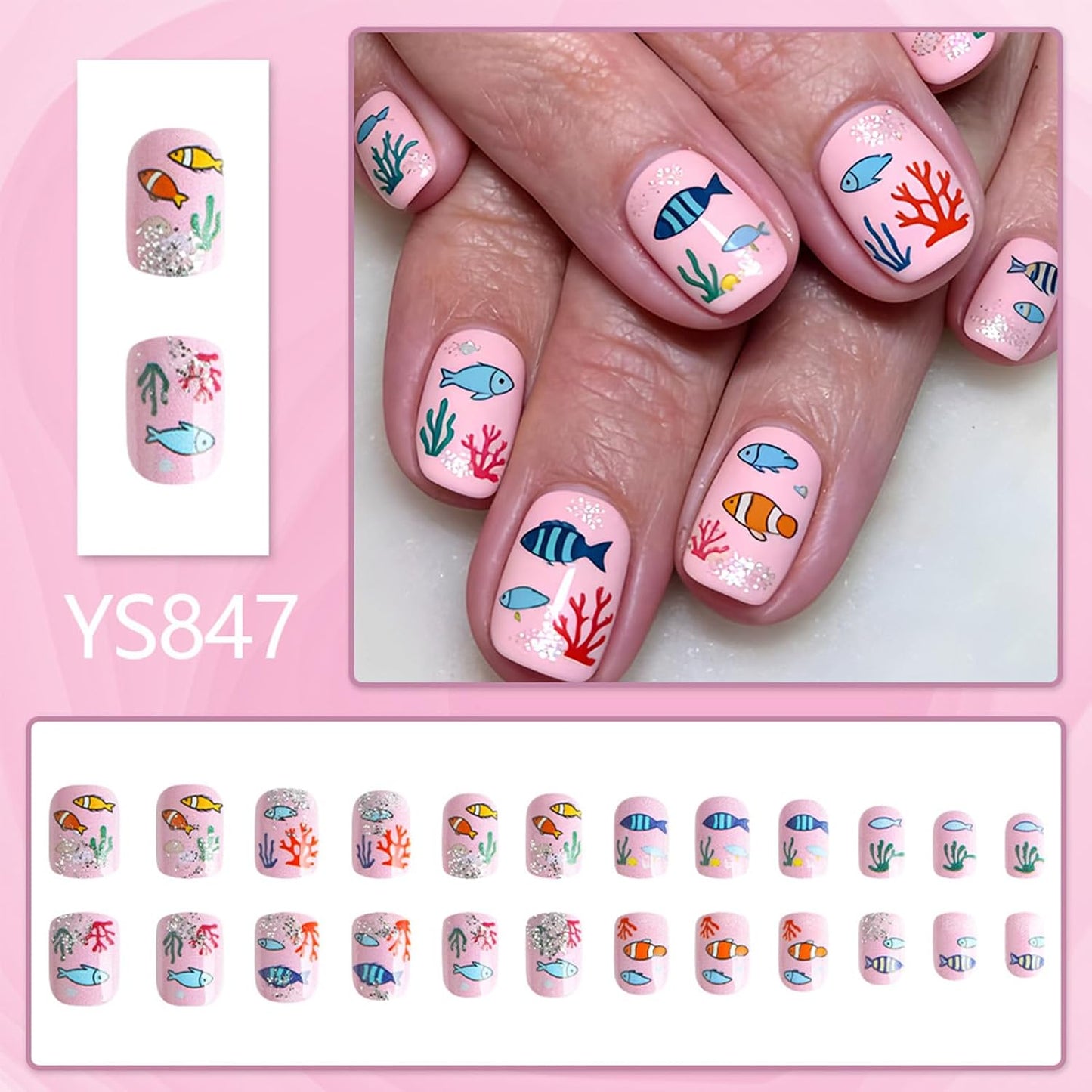 Press On Nails - Short Square Pink Fake Nails with Sea Fish Coral Designs | Glossy Glitter Reusable 24 Pcs