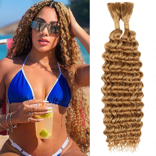 #27 Boho Hair For Braiding Deep Wave Human Braiding Hair 100g 20 Inch Honey Blonde Bulk Human Hair Braiding Hair for Boho Braids #27 Curly Human Hair Extensions