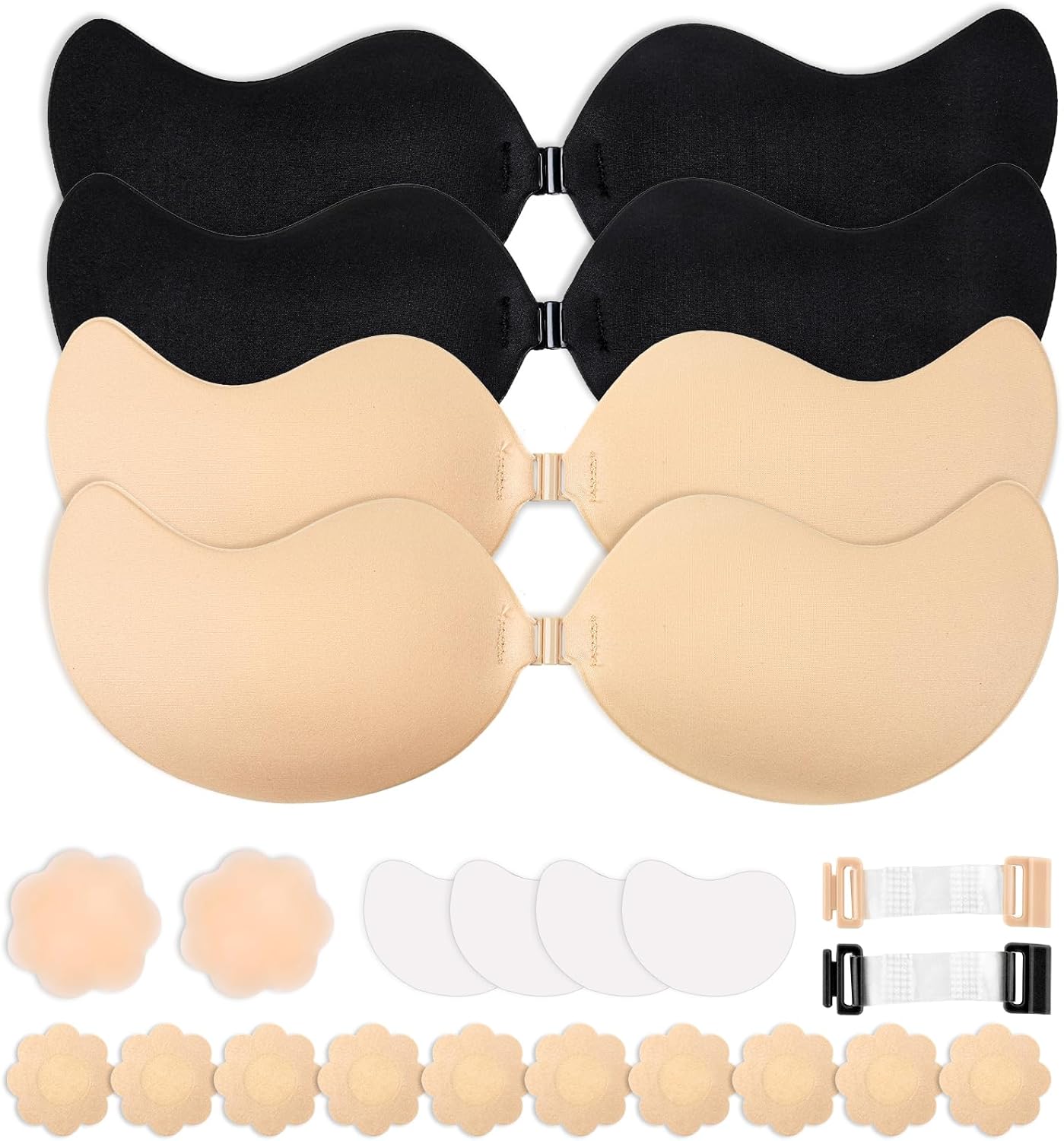 Cleavage Bra - Push Up Sticky Strapless Backless Invisible Adhesive Bra Set for Women | Black/Nude